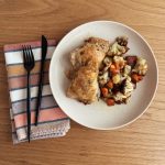 sheet pan chicken thighs with sweet potato and cauliflower hash