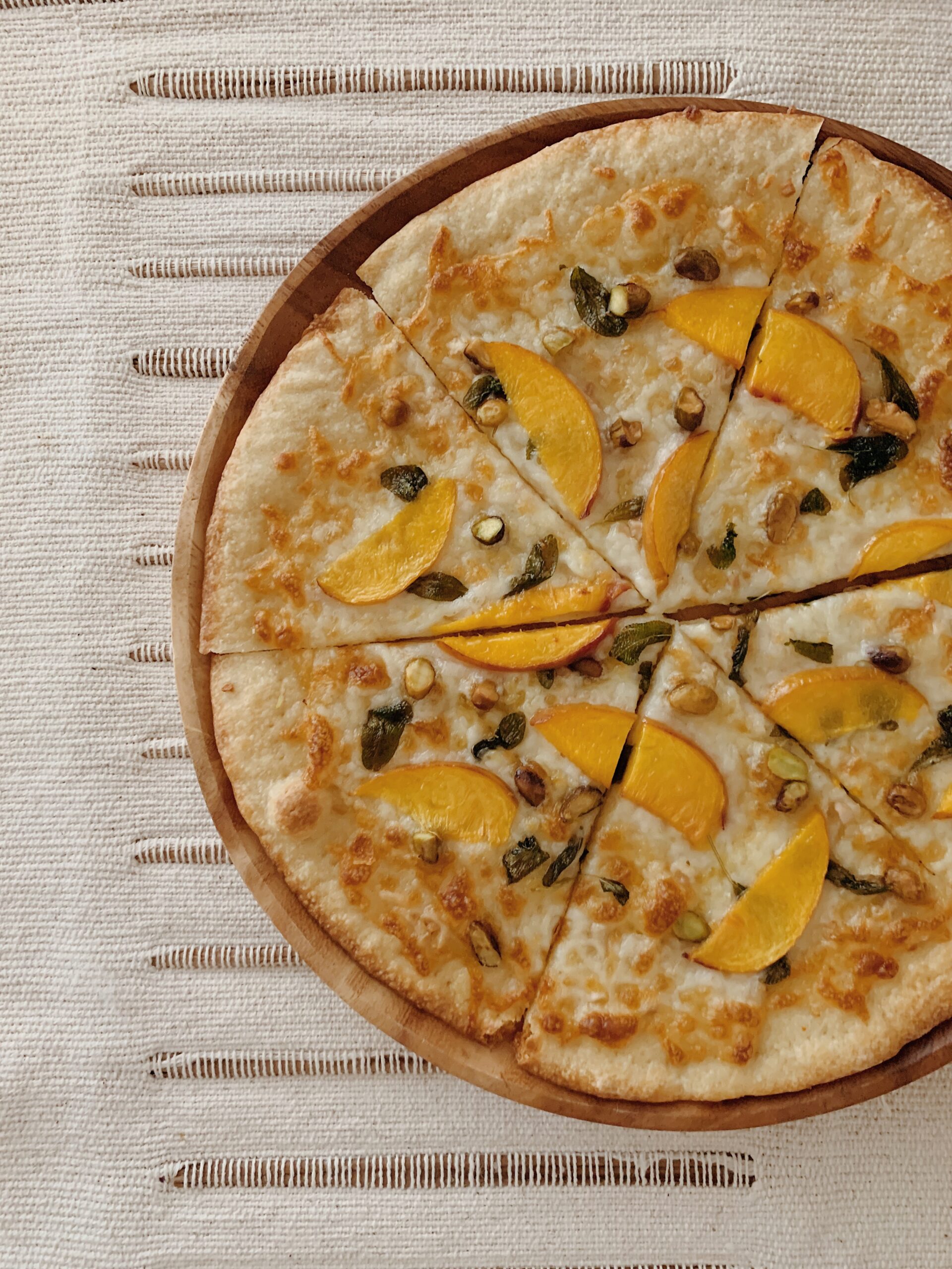 peach, pistachio and crispy sage pizza